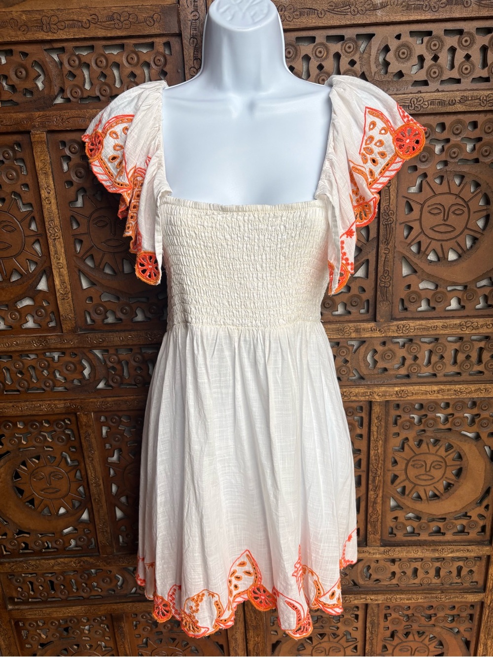 Anthro Embroidered Flutter-Sleeve Square-Neck Mini Dress - Size M/L